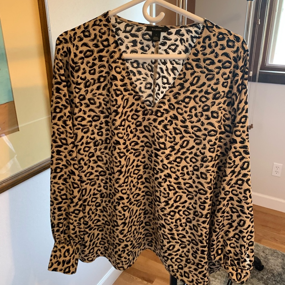 Halogen Relaxed Tan and Cream Long Sleeve Blouse